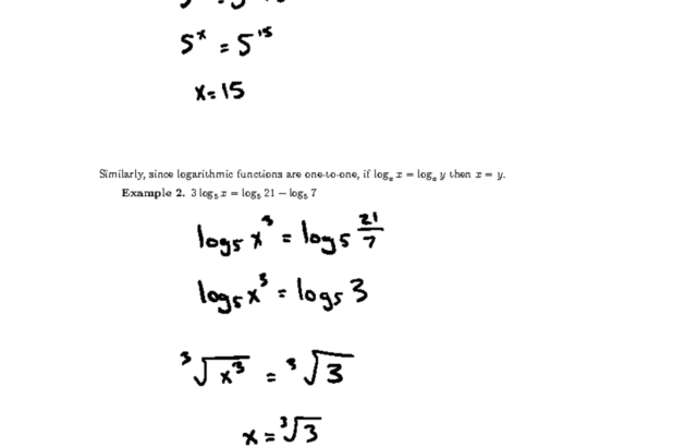 Printed math worksheet on logarithmic and exponential equations