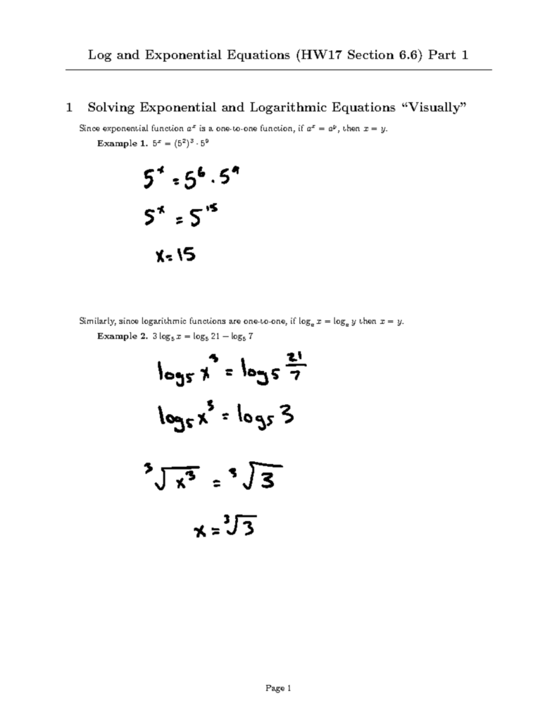 Printed math worksheet on logarithmic and exponential equations