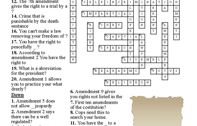 Bill of rights crossword puzzle worksheet with clues and grid