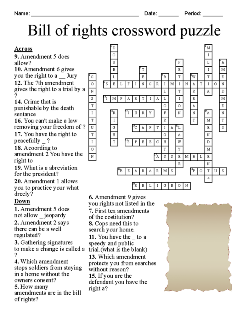 Bill of rights crossword puzzle worksheet with clues and grid