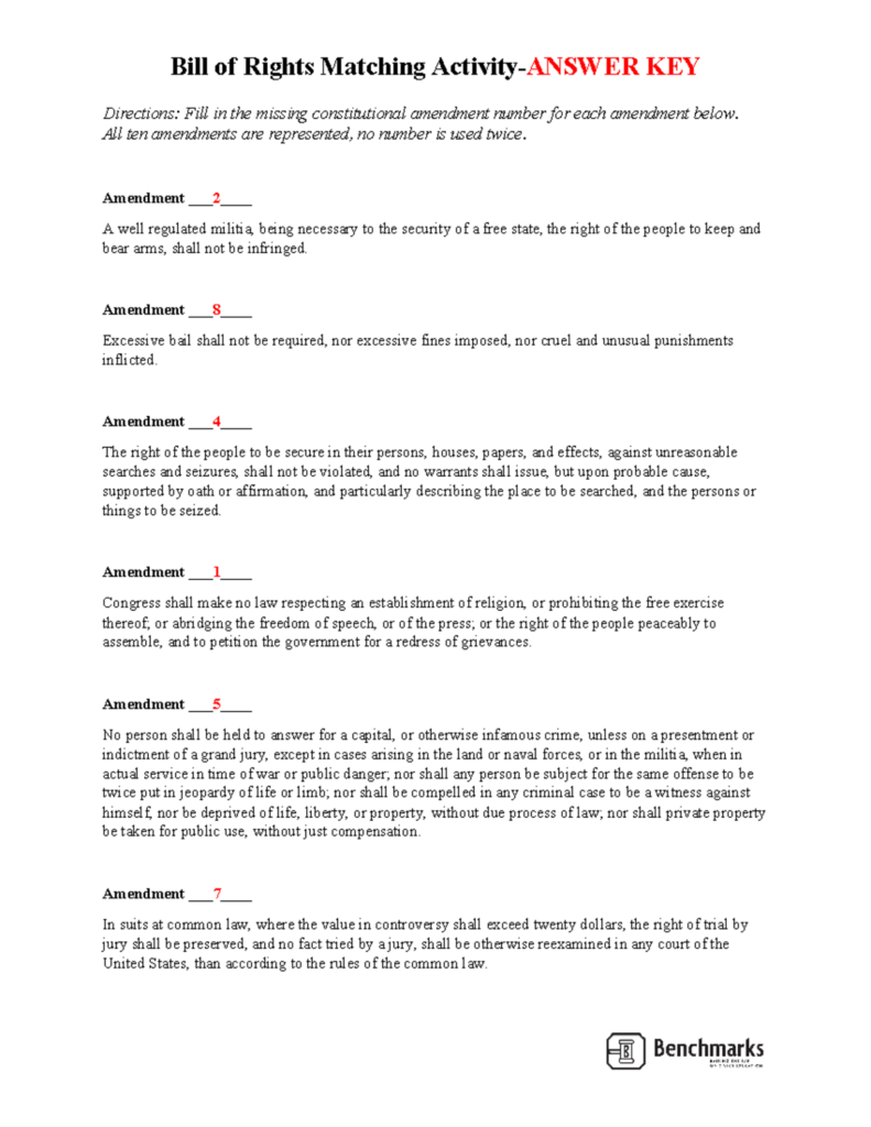 Bill of Rights matching activity worksheet answer key page