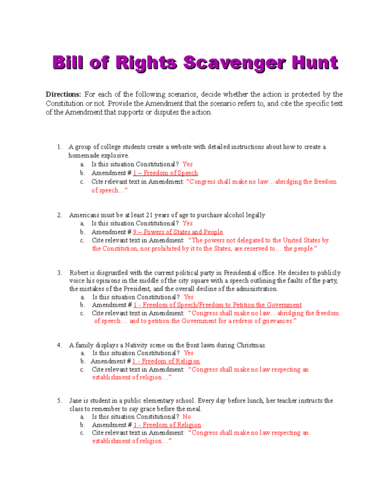 Bill of Rights scavenger hunt worksheet page