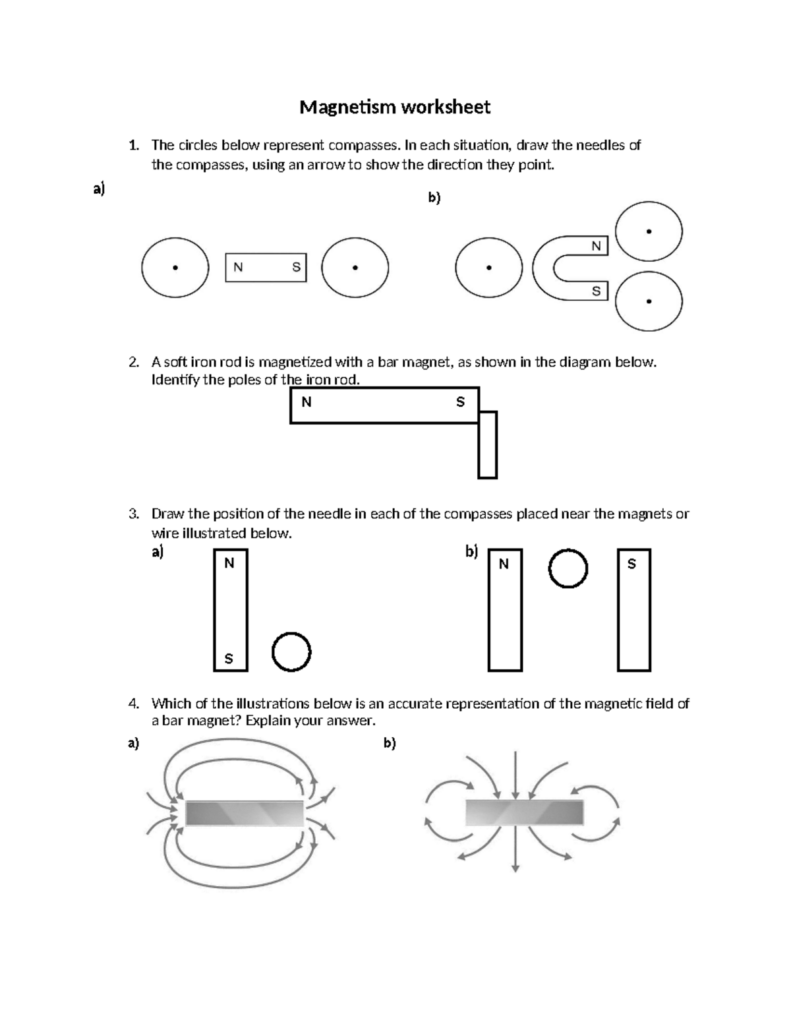 Magnetism worksheet with compass and bar magnet diagrams