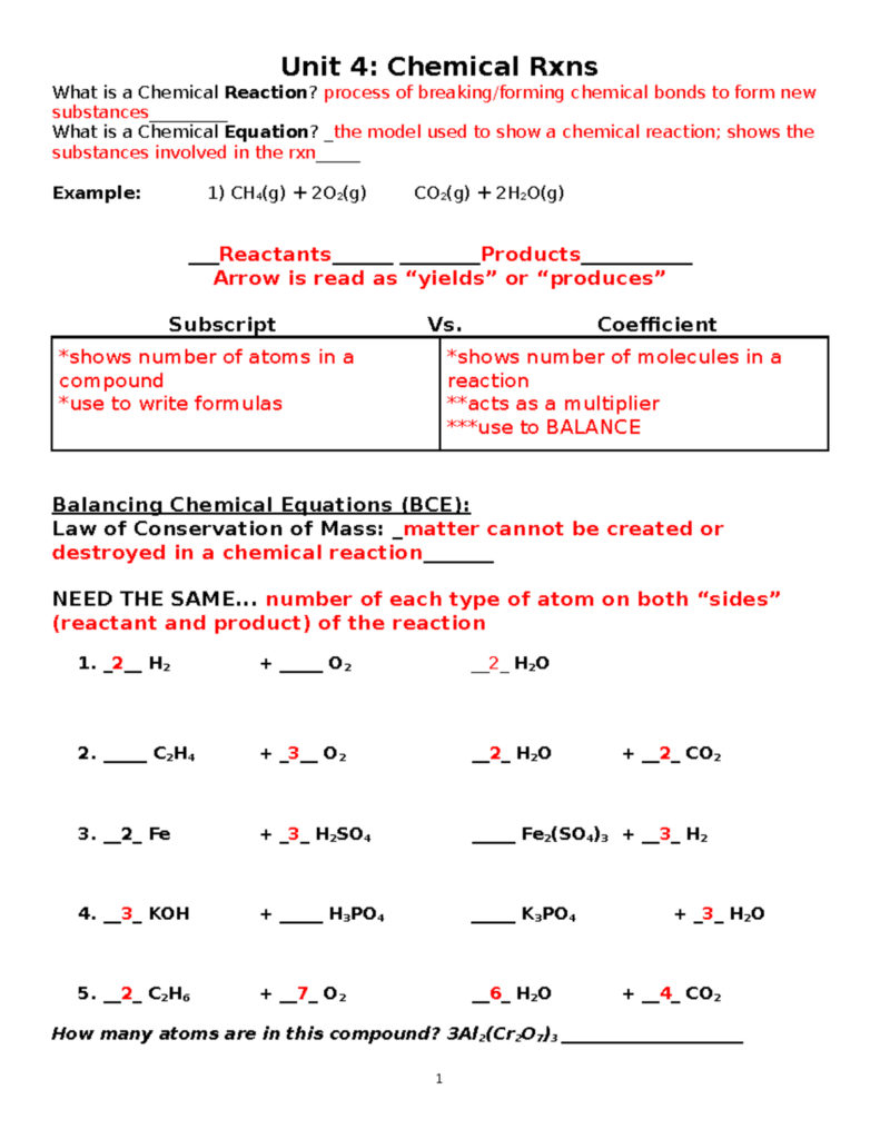 Chemistry worksheet titled Unit 4: Chemical Rxns