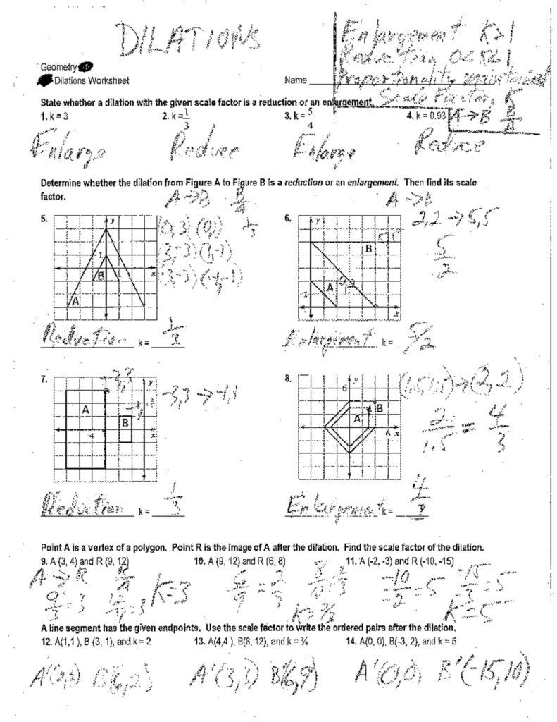 Black-and-white geometry dilations worksheet with handwritten answers