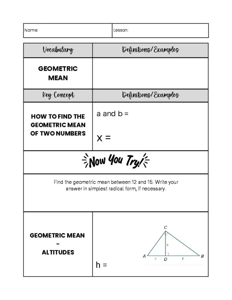 Geometric mean worksheet with triangle diagram and blank boxes