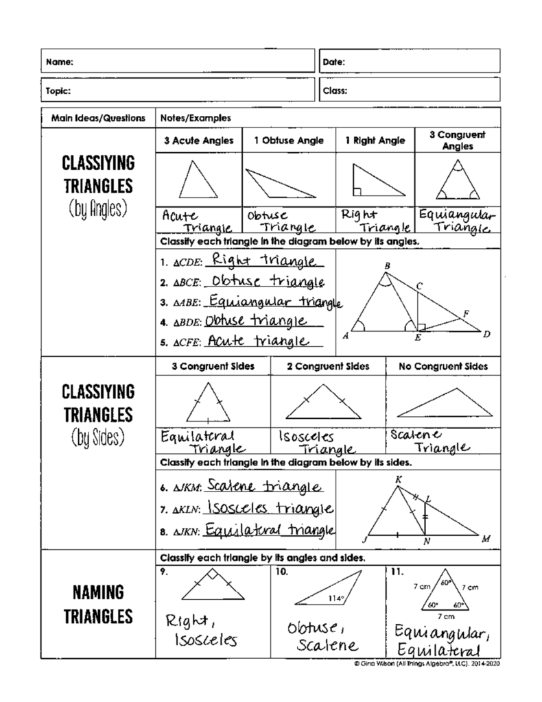 Triangle classification worksheet with handwritten answers and diagrams