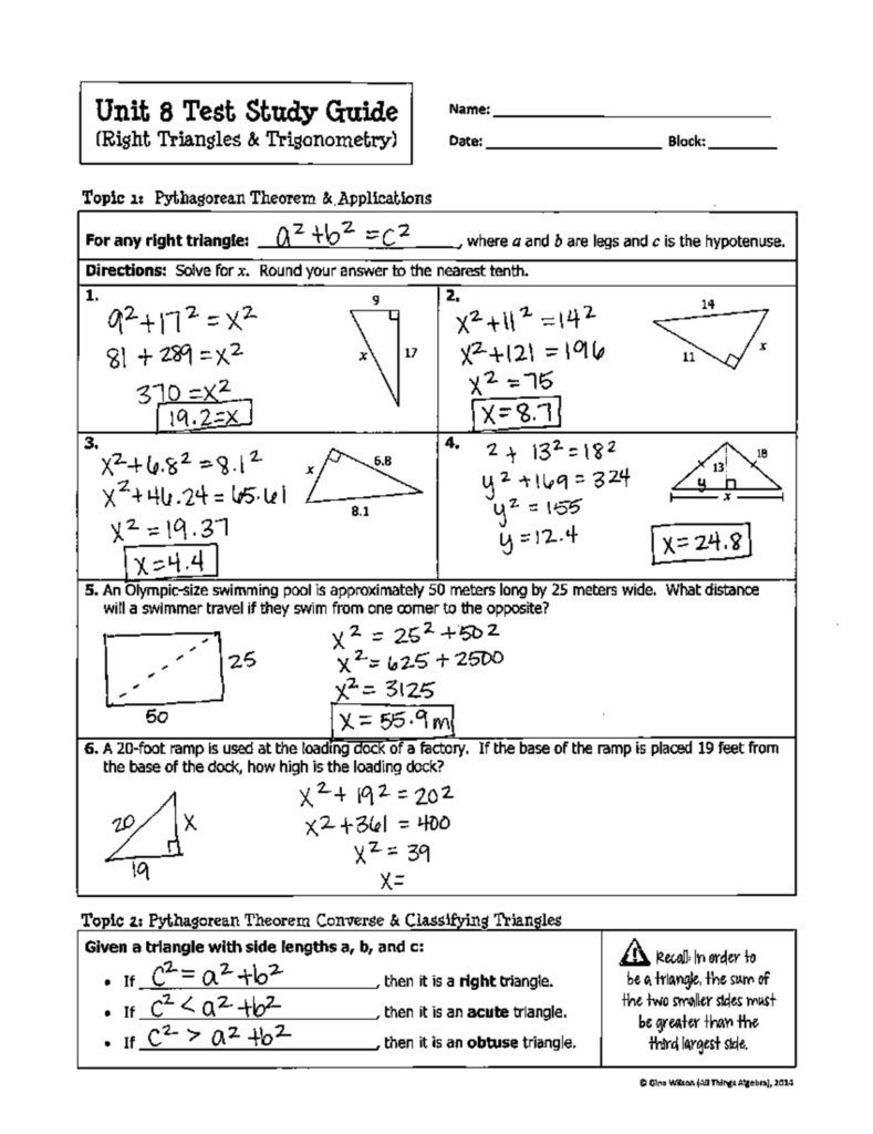 Right triangles worksheet with handwritten answers and diagrams