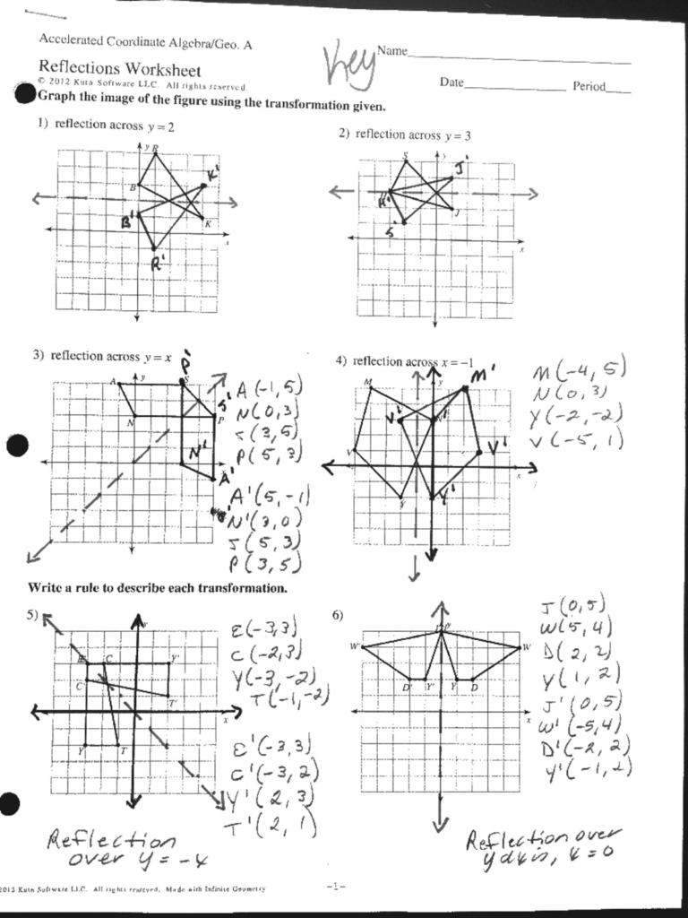 Handwritten coordinate geometry reflection worksheet with six graphs