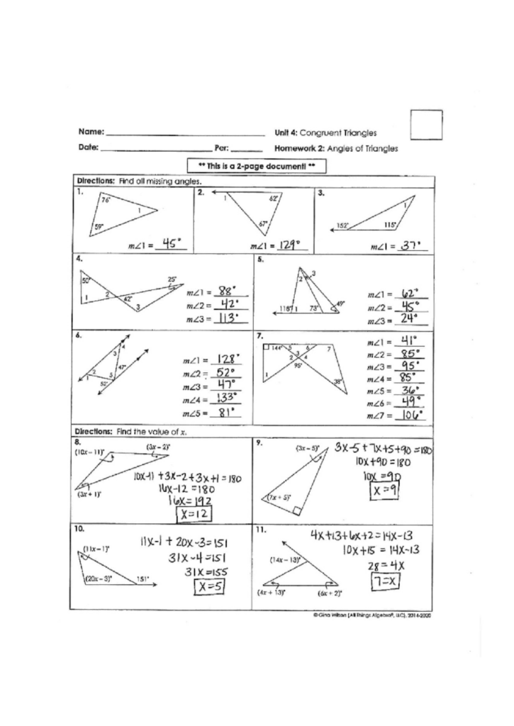 Geometry worksheet with triangle angle problems and answers