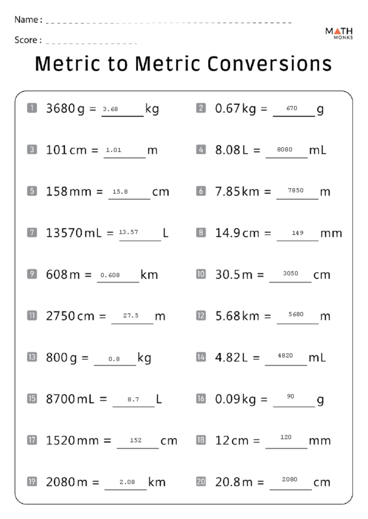 Metric to metric conversions worksheet with numbered problems