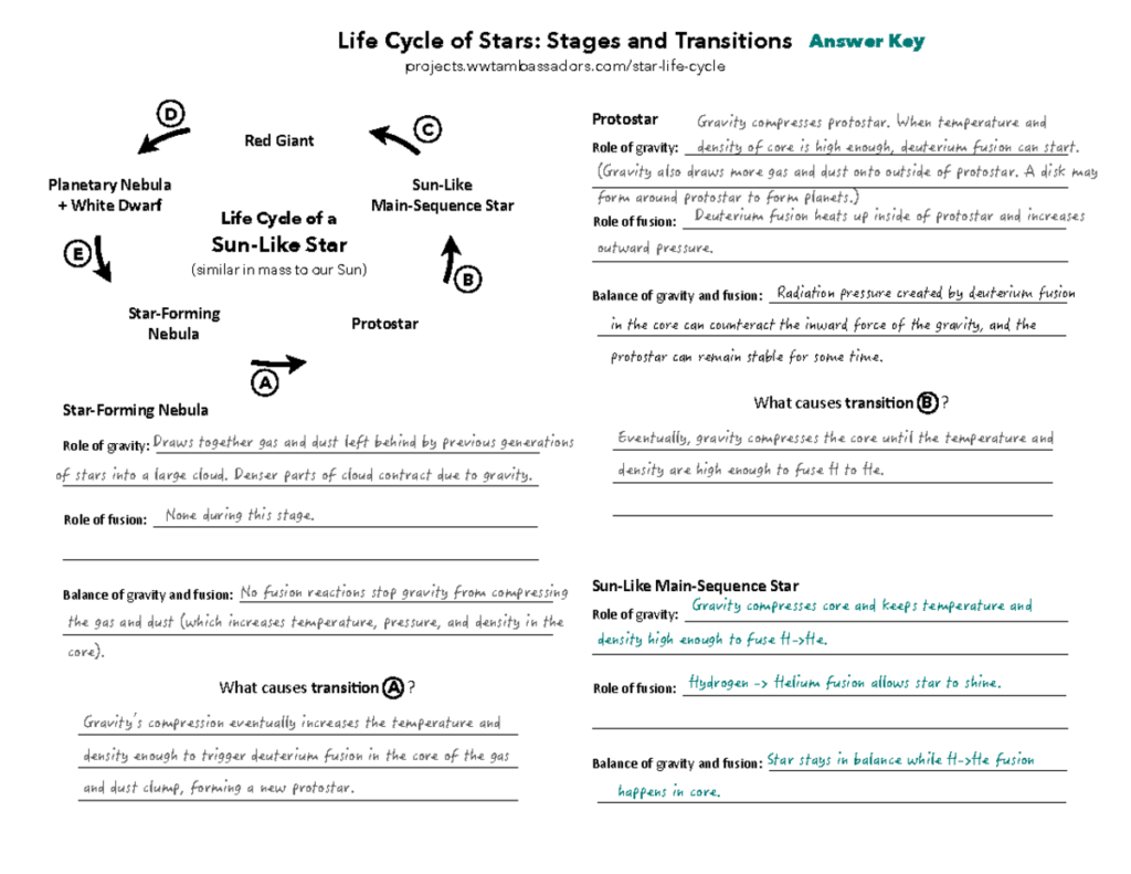 Star life cycle worksheet answer key diagram