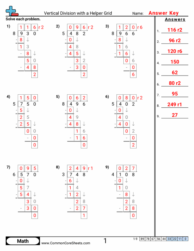 Math worksheet answer key for vertical division problems