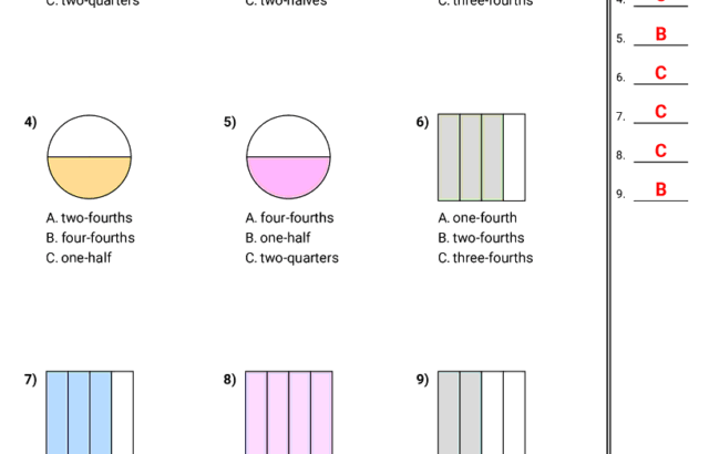 Fraction worksheet answer key with nine shaded shape diagrams