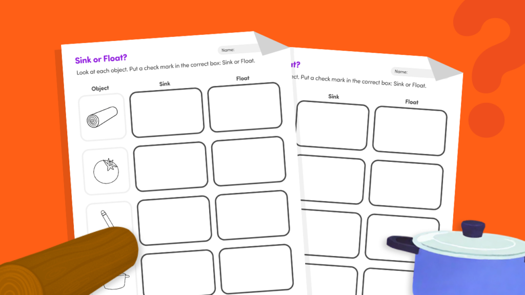 Sink or float worksheets with wooden log and pot