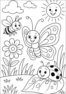 Cartoon butterfly, bee, ladybug, sun, flowers, clouds coloring page