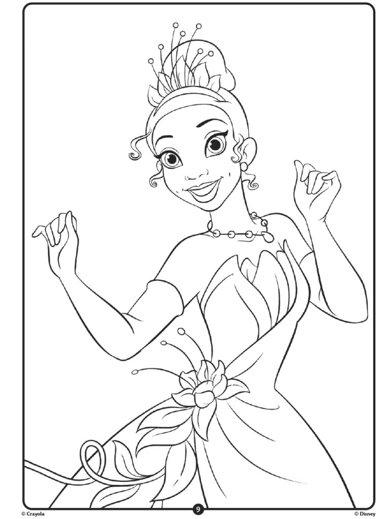 Disney princess coloring page with smiling girl in dress