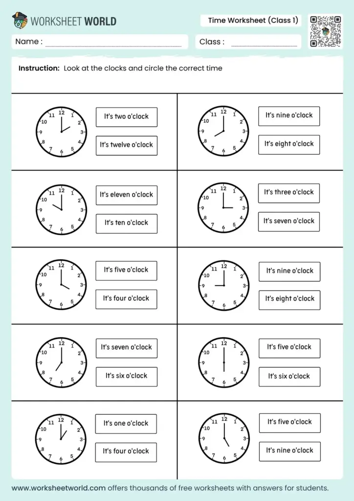 Class 1 time worksheet with analog clocks and choices