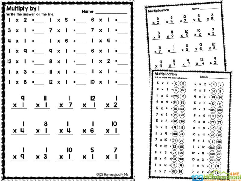 Three black-and-white multiplication worksheets on white background