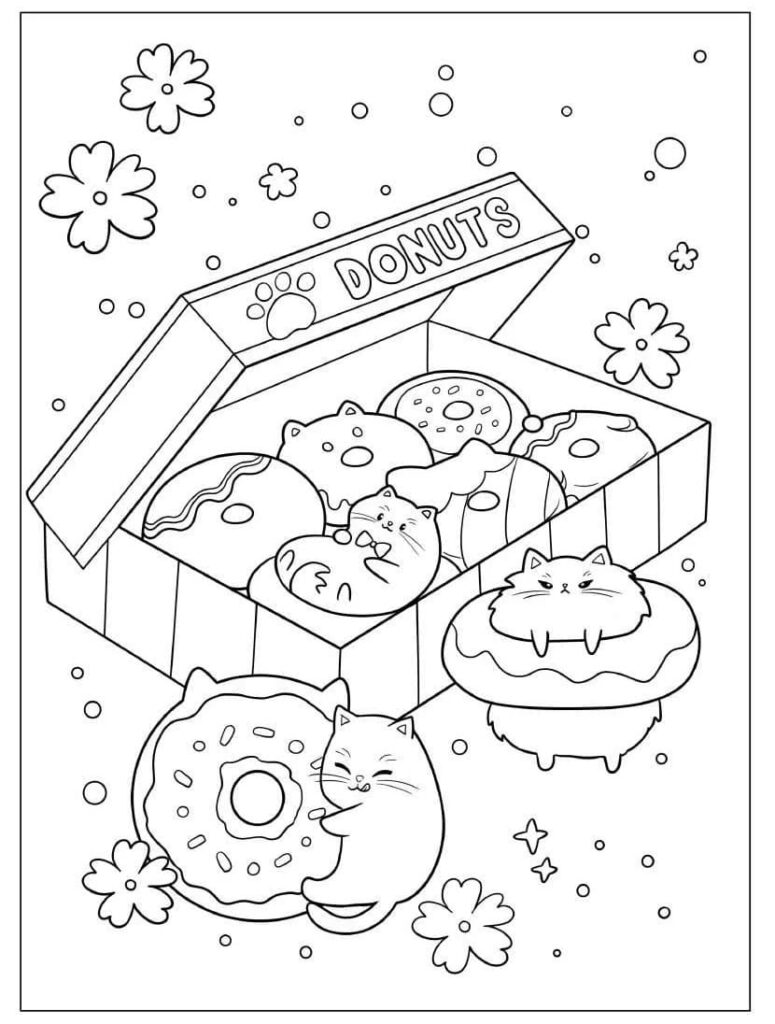 Coloring page of cat-shaped donuts in a box