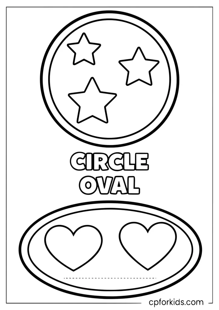 Circle and oval shapes with stars and hearts worksheet