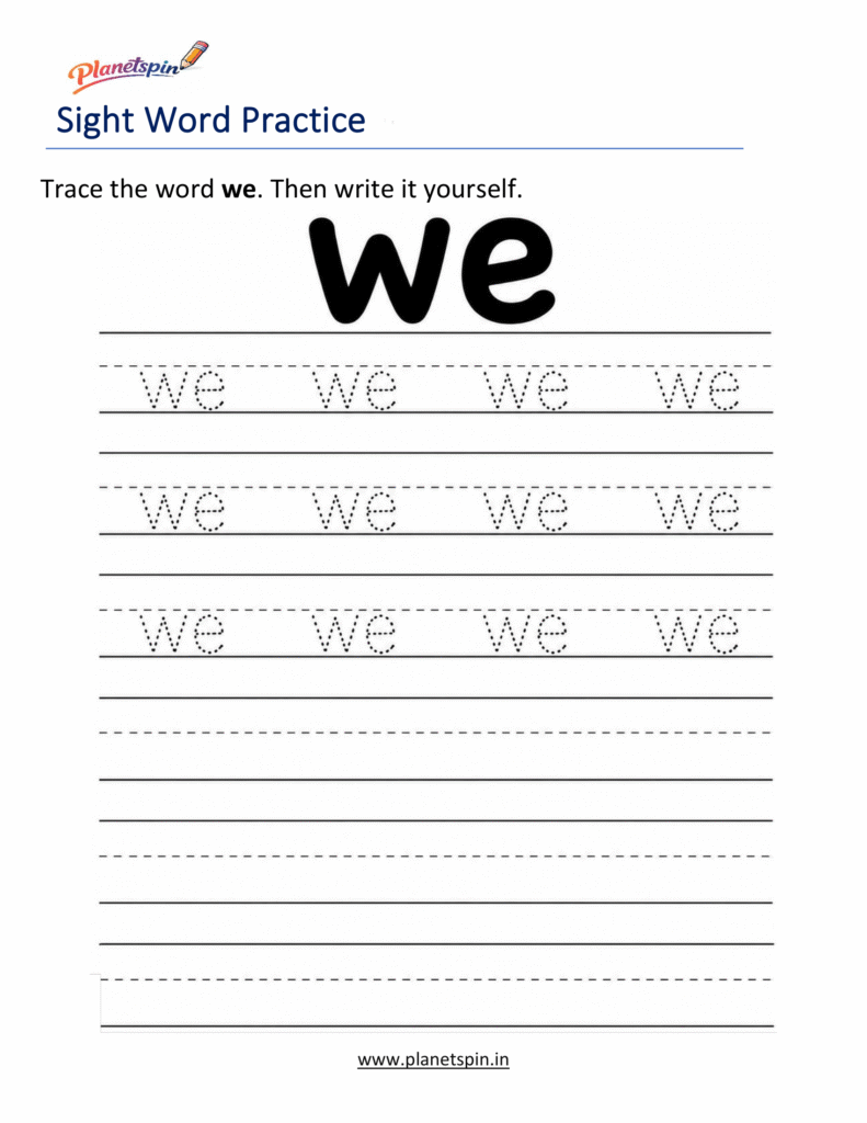 Sight word practice worksheet for writing we