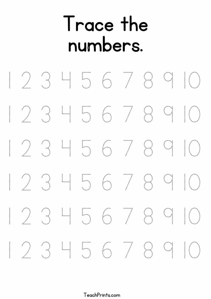 Trace the numbers worksheet with dotted 1-10 rows