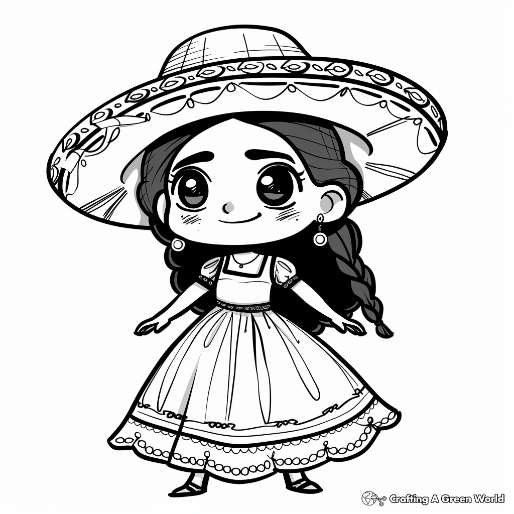 Cartoon girl in sombrero and dress on white background