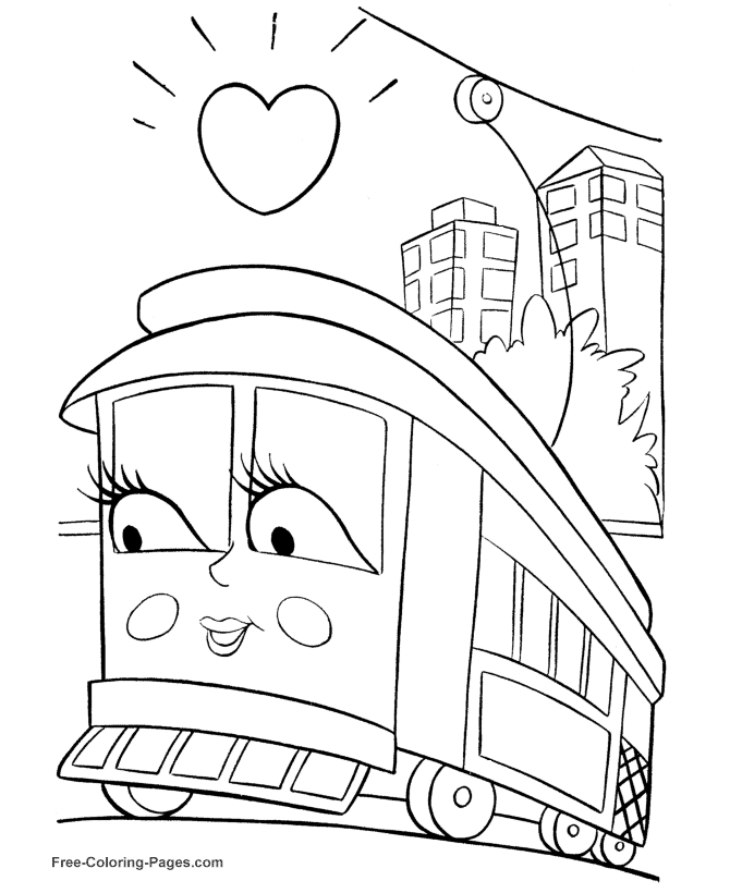 Cute cartoon tram with heart and city buildings