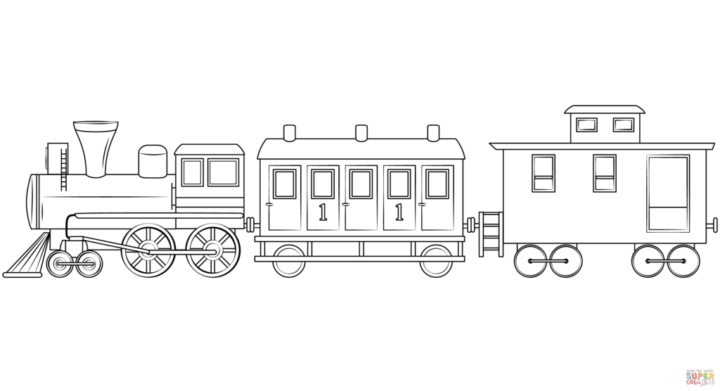 Black-and-white outline of a steam locomotive and two cars