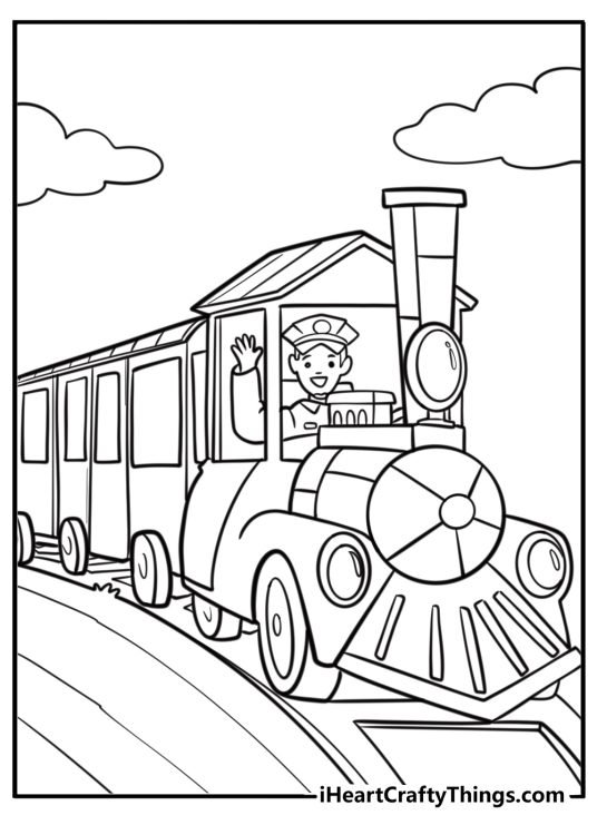 Cartoon steam train with waving conductor and clouds