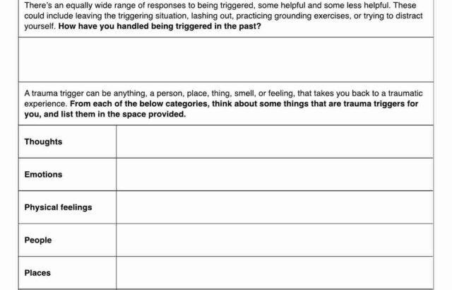 Trauma worksheet with labeled blank response boxes and categories