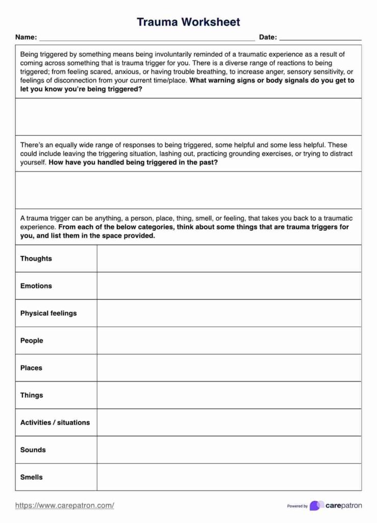 Trauma worksheet with labeled blank response boxes and categories