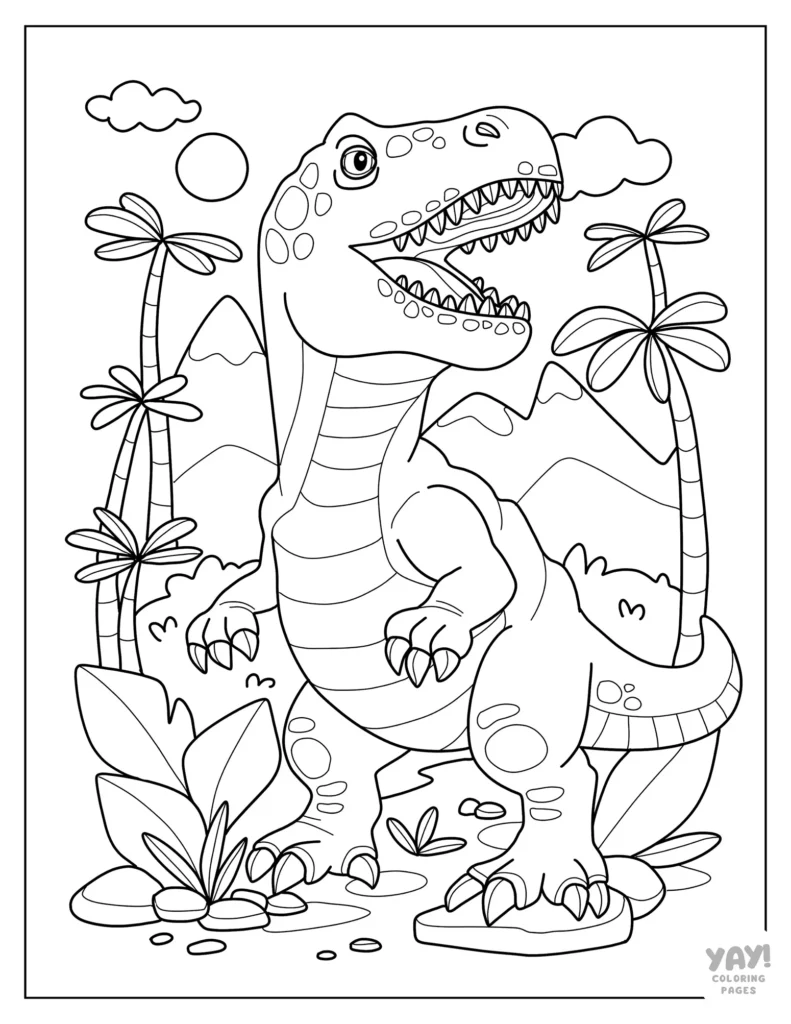Cartoon dinosaur coloring page with palms and mountains