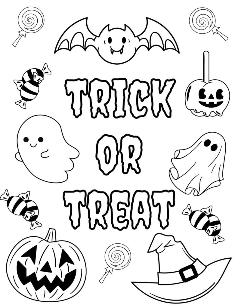 Halloween trick or treat coloring page with bat