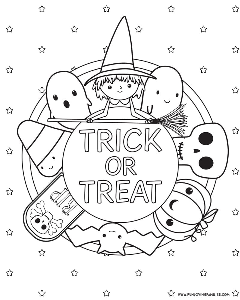 Halloween coloring page with trick-or-treat sign and ghosts