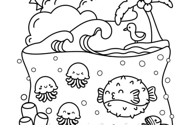 Cute ocean island coloring page with fish, jellyfish, palm tree