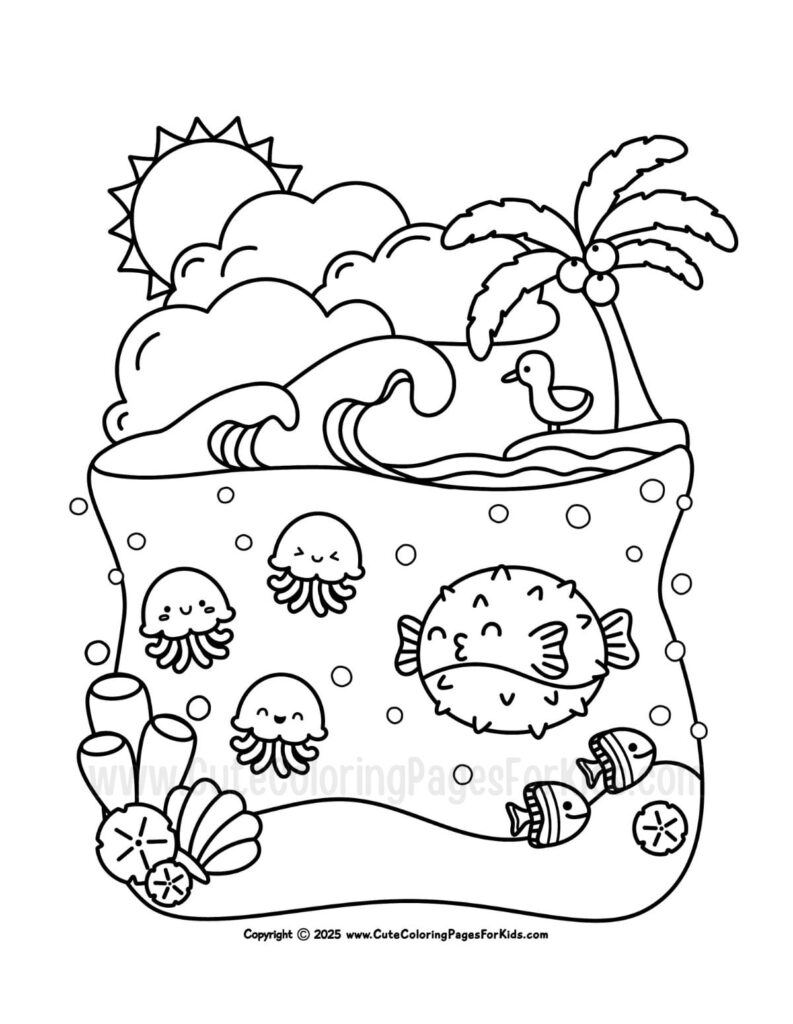 Cute ocean island coloring page with fish, jellyfish, palm tree