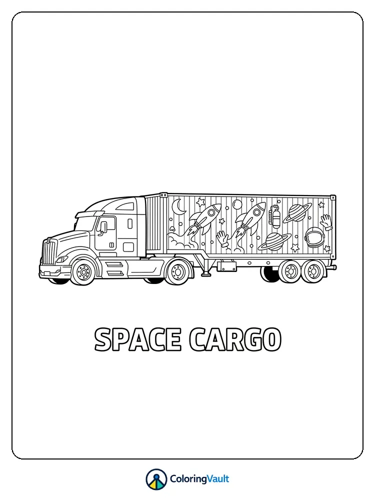 Space cargo truck coloring page with rockets and planets