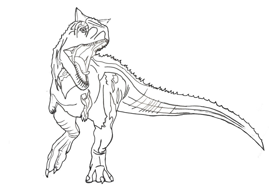 Black line drawing of roaring dinosaur on white background