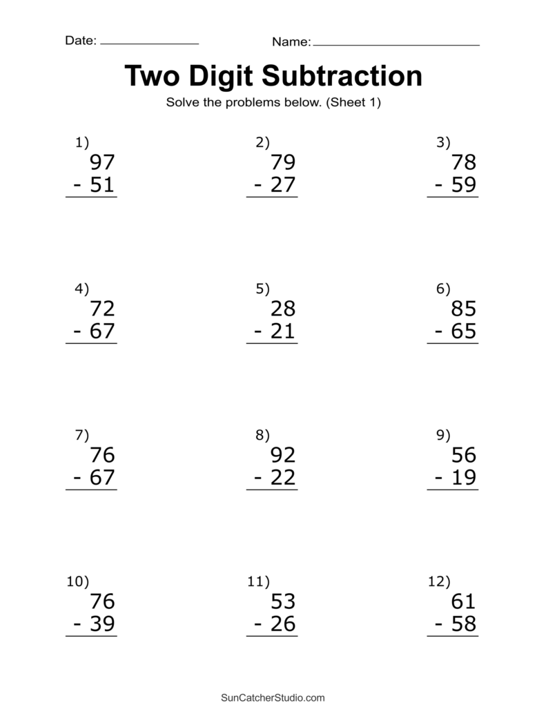 Two-digit subtraction worksheet with twelve problems