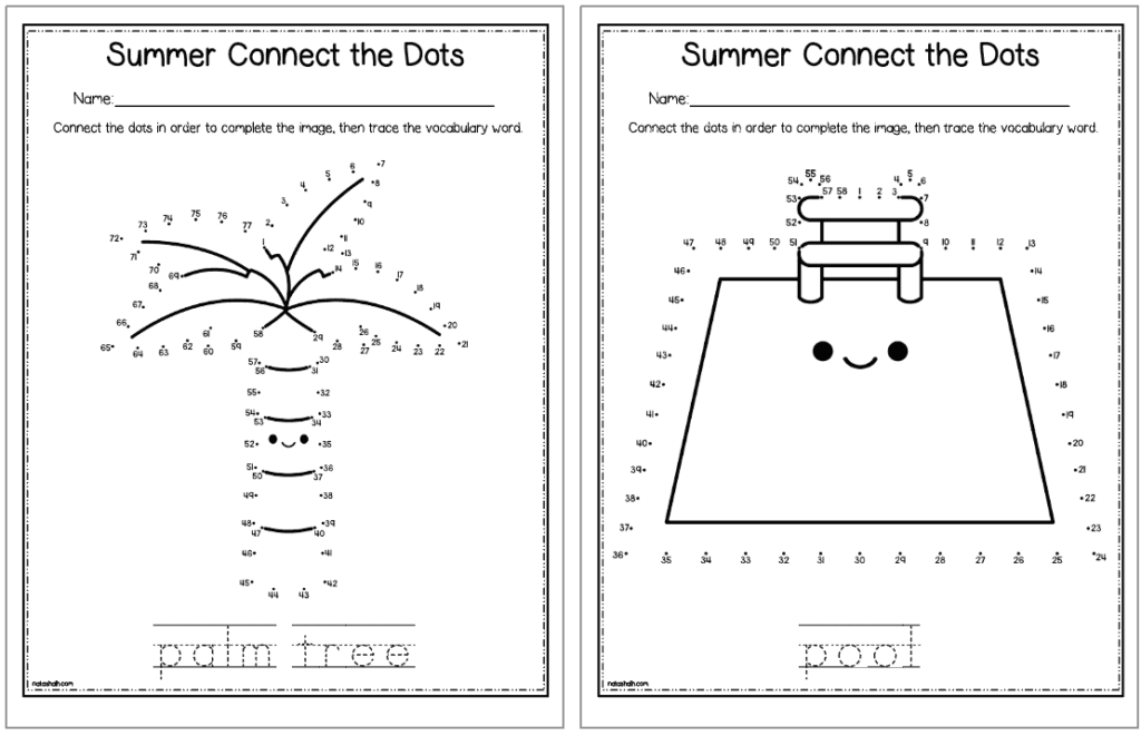Two summer connect-the-dots worksheet pages with palm tree, pail
