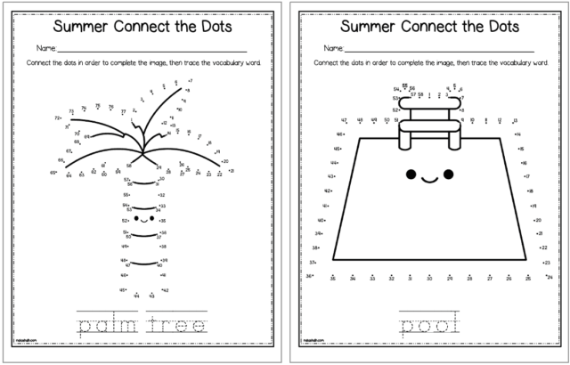 Two summer connect-the-dots worksheet pages with palm tree, pail
