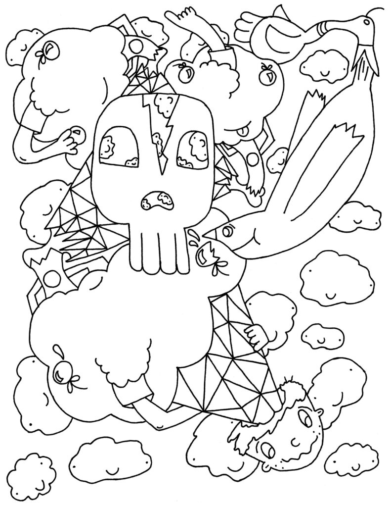 Black-and-white doodle of puffy birds and clouds