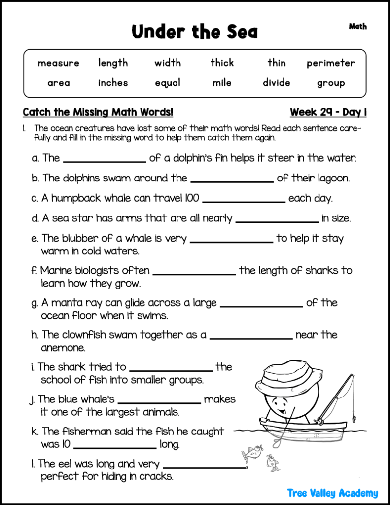 Ocean-themed math worksheet with fill-in-the-blank sentences