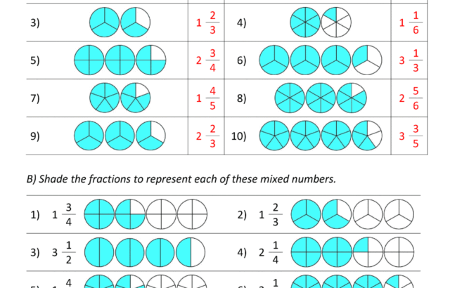 Mixed numbers math worksheet with shaded circles