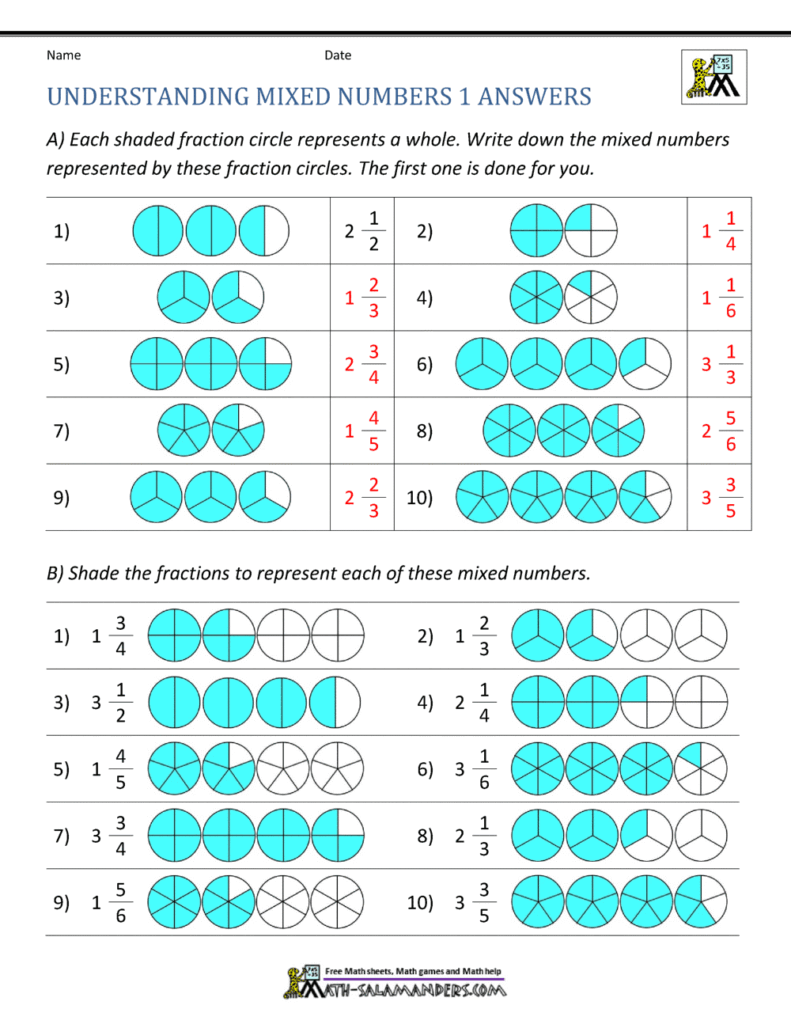Mixed numbers math worksheet with shaded circles