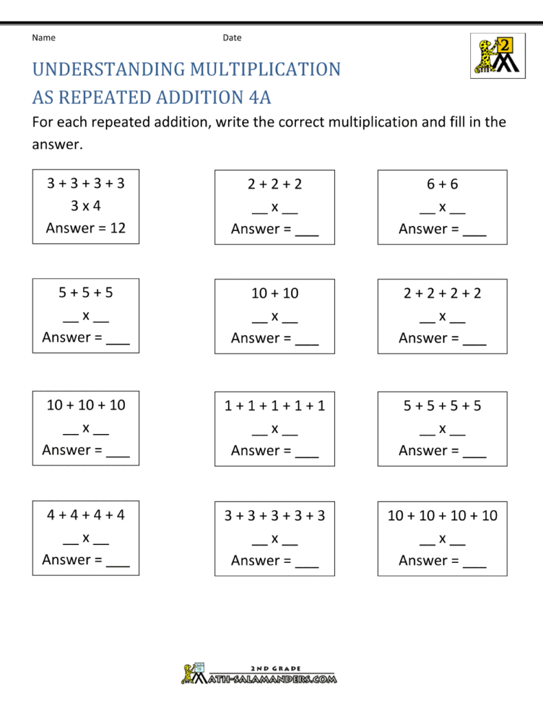 Multiplication worksheet with repeated addition problems and blanks