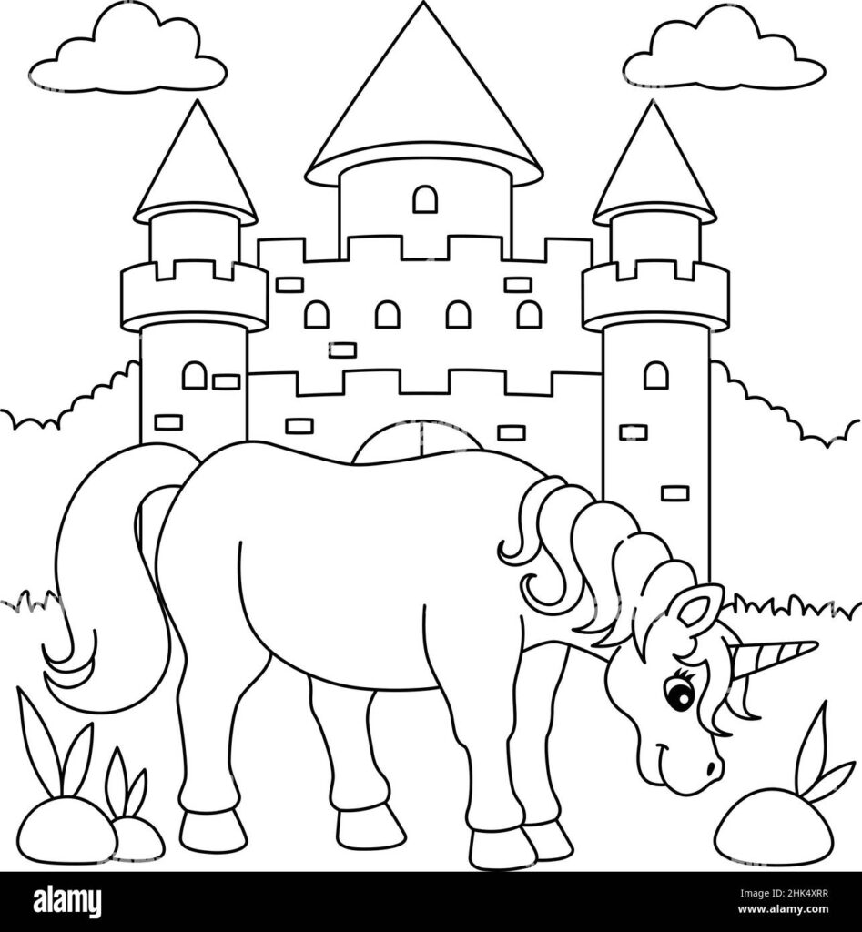 Unicorn grazing in front of a castle
