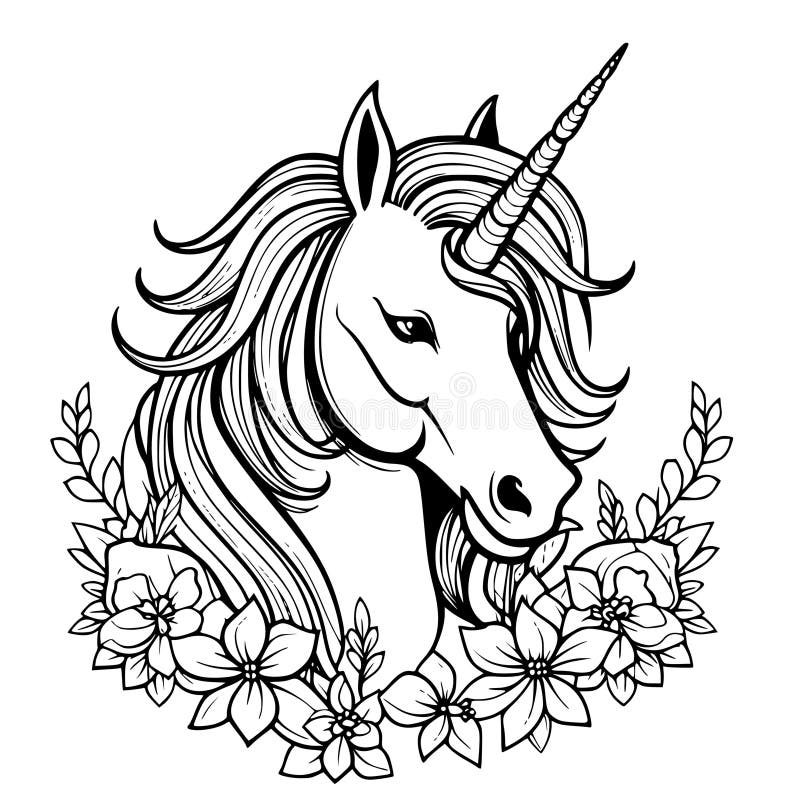 Black-and-white unicorn head with floral wreath